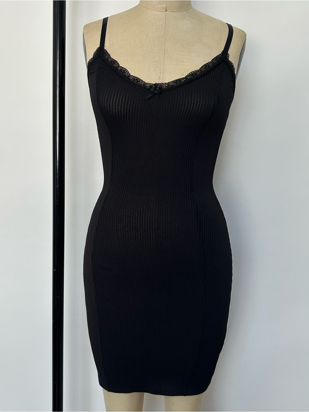 Black Ribbed Lace-Trim Slip Dress - Women